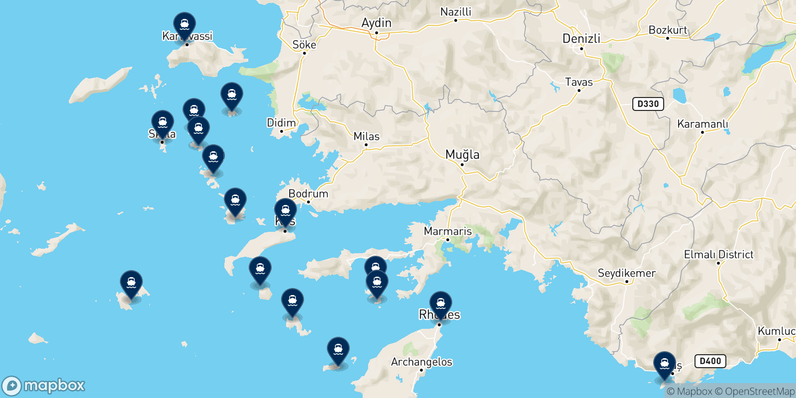 Mapa de los destinos Dodekanisos Seaways