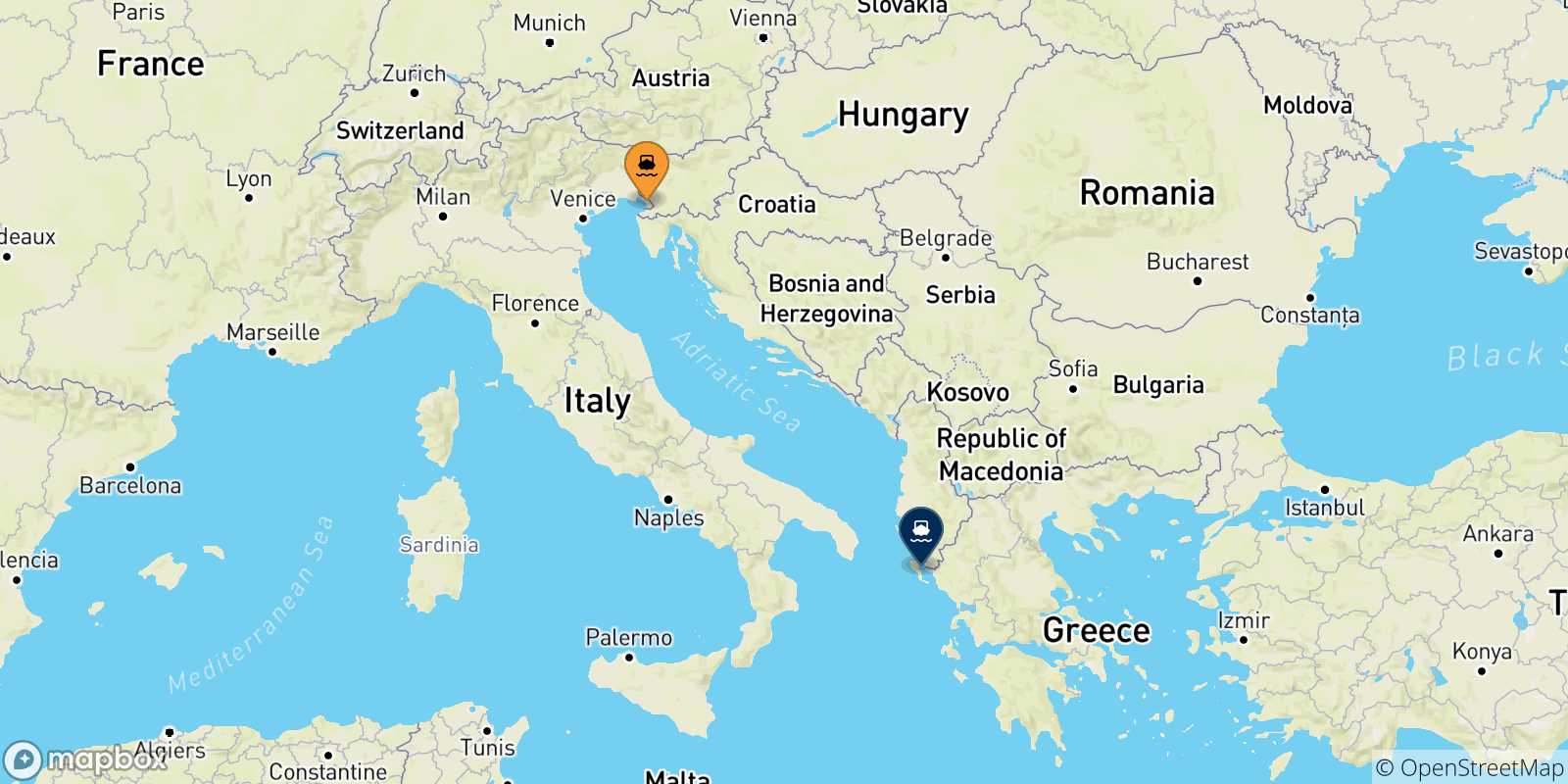 Mapa de las posibles rutas entre Trieste y  Islas Jonicas