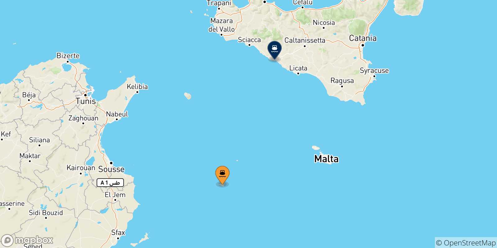 Mapa de las posibles rutas entre Lampedusa y  Sicilia