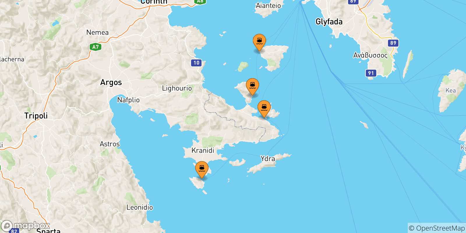 Mapa de las posibles rutas entre Islas Sarónicas y  Poros