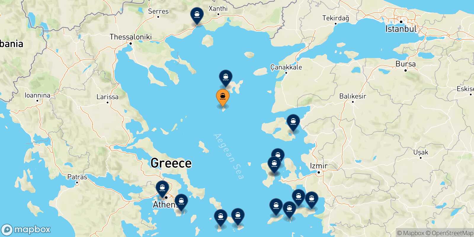 Mapa de los destinos alcanzables de Agios Efstratios