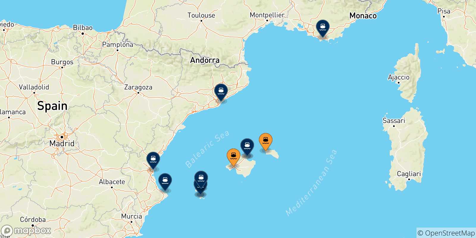 Mapa de los destinos alcanzables de Islas Baleares