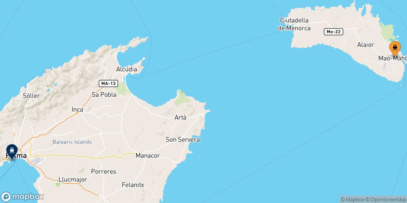 Mapa de la ruta Mahon (Menorca) Palma De Mallorca