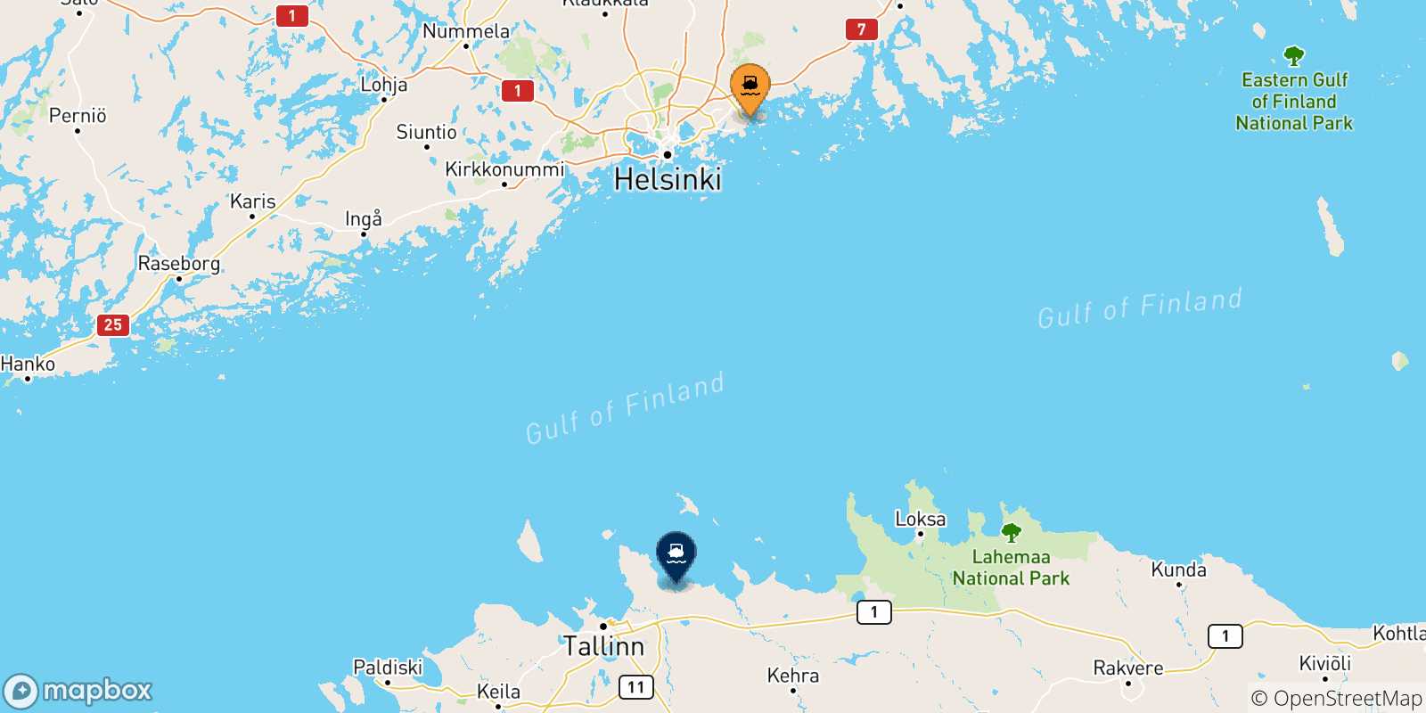 Mapa de las posibles rutas entre Finlandia y  Muuga