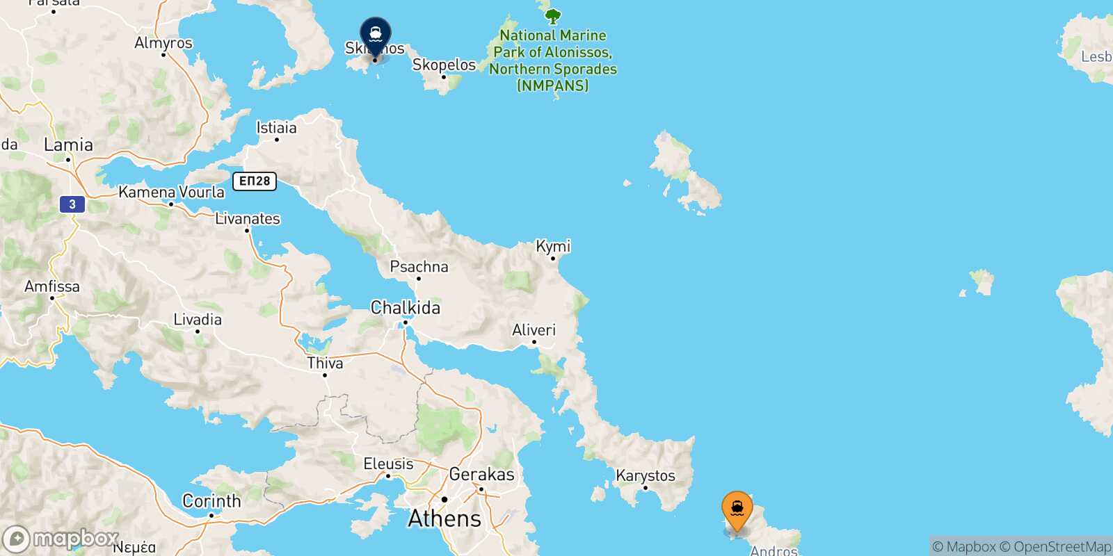 Mapa de la ruta Andros Skiathos