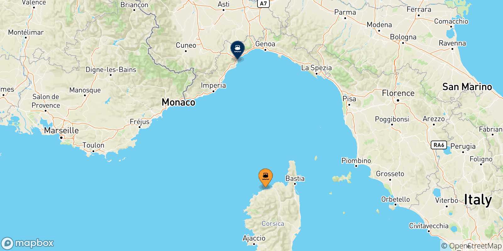 Mapa de las posibles rutas entre Calvi y  Italia