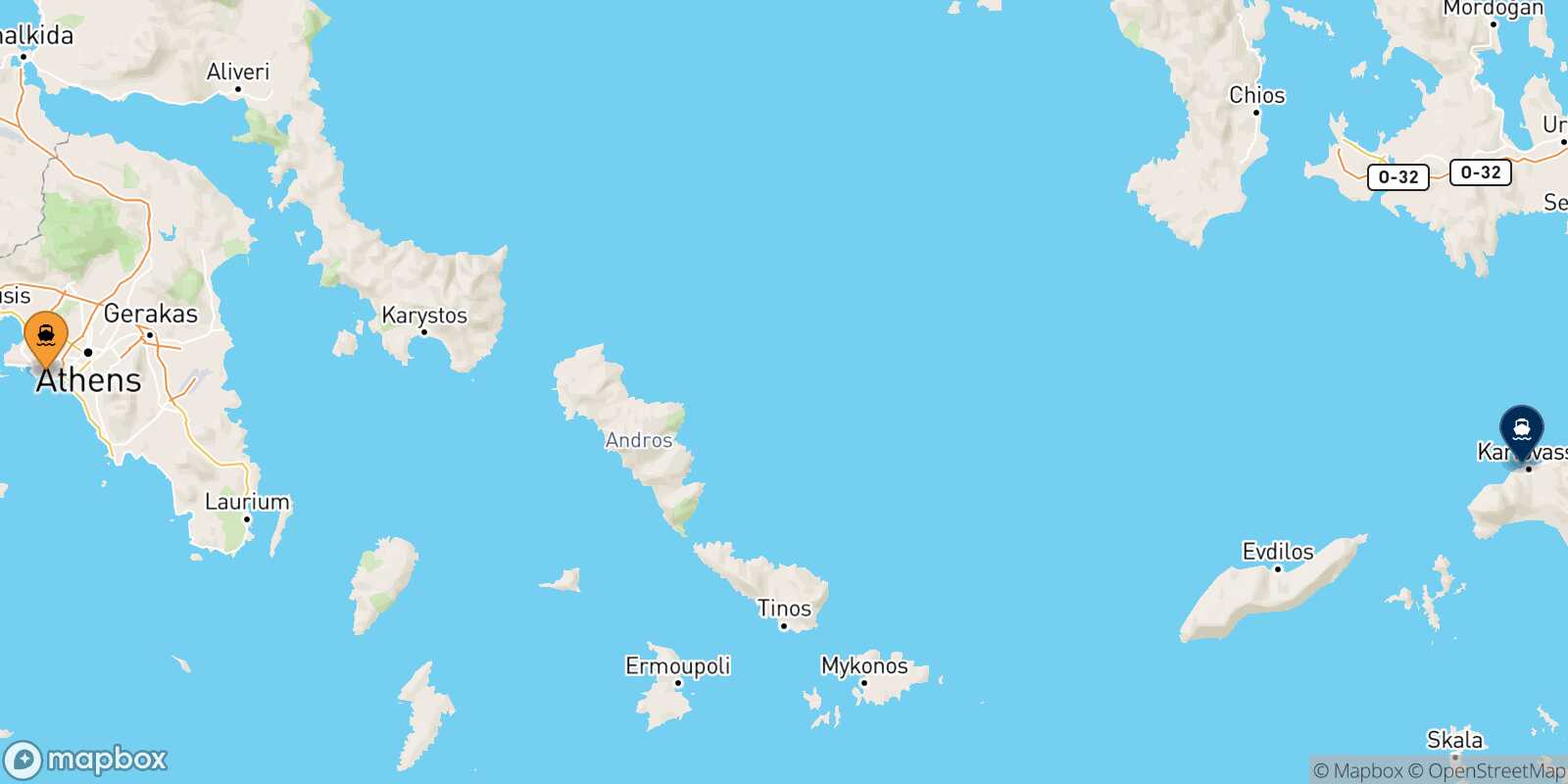 Mapa de la ruta El Pireo Karlovassi (Samos)
