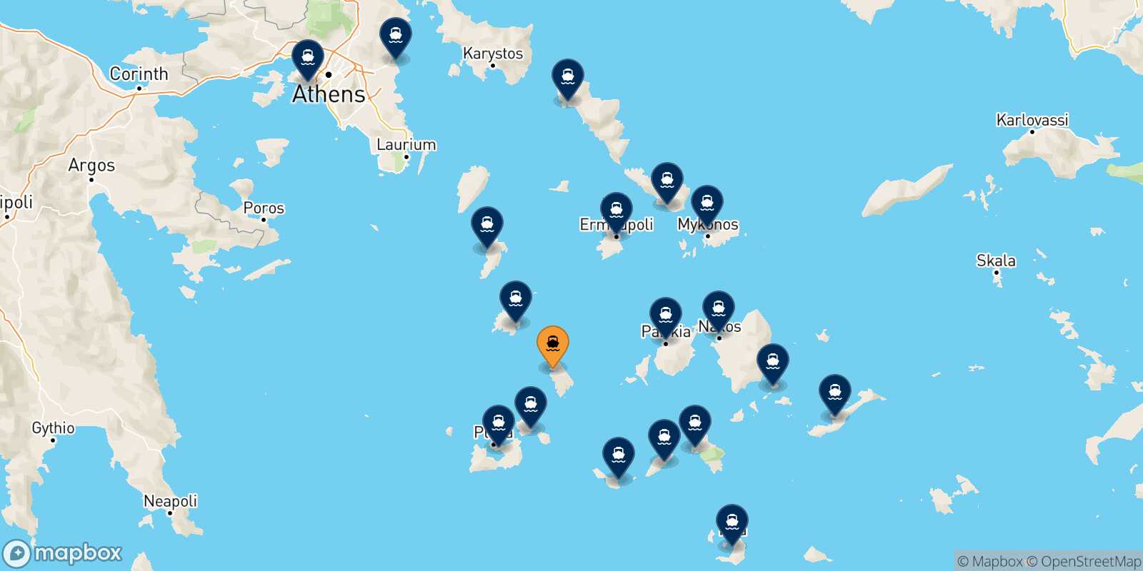 Mapa de los destinos alcanzables de Sifnos
