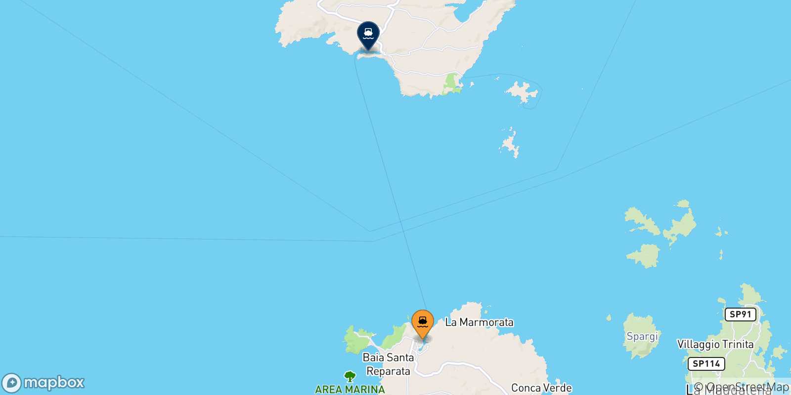 Mapa de las posibles rutas entre Cerdeña y  Bonifacio