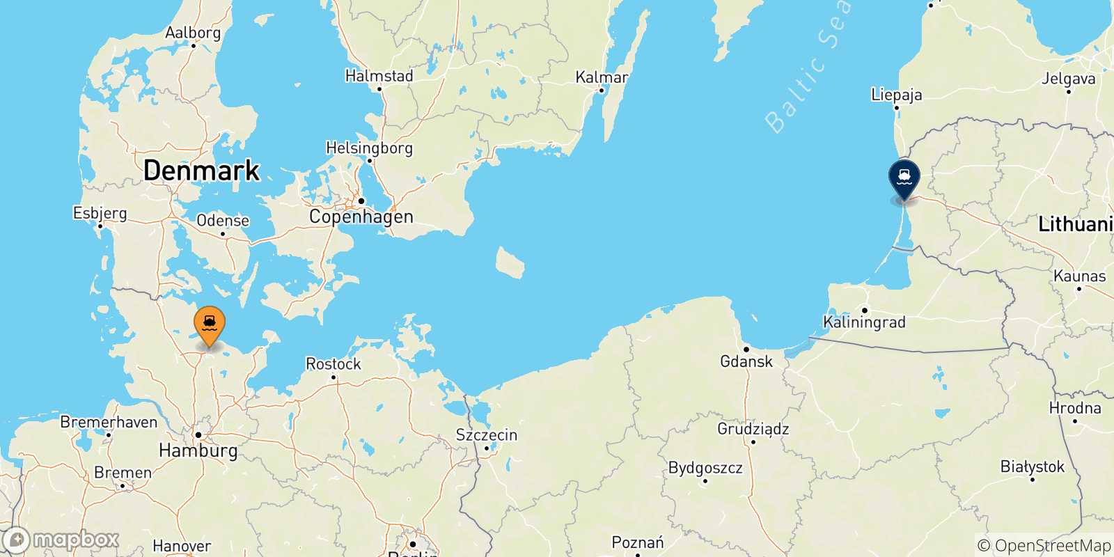 Mapa de las posibles rutas entre Kiel y  Lituania