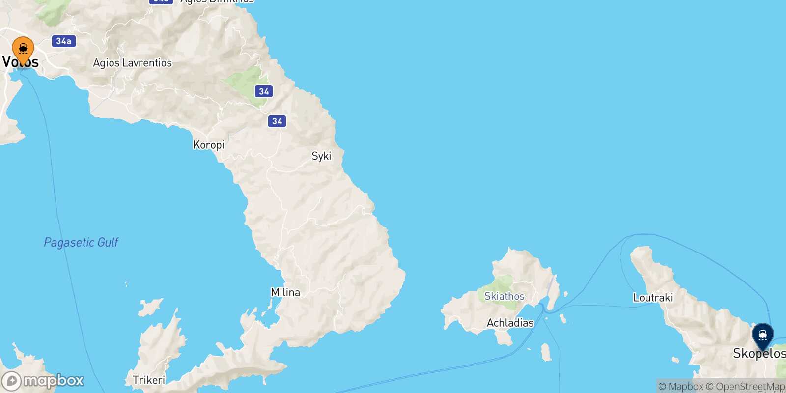 Mapa de la ruta Volos Glossa (Skopelos)