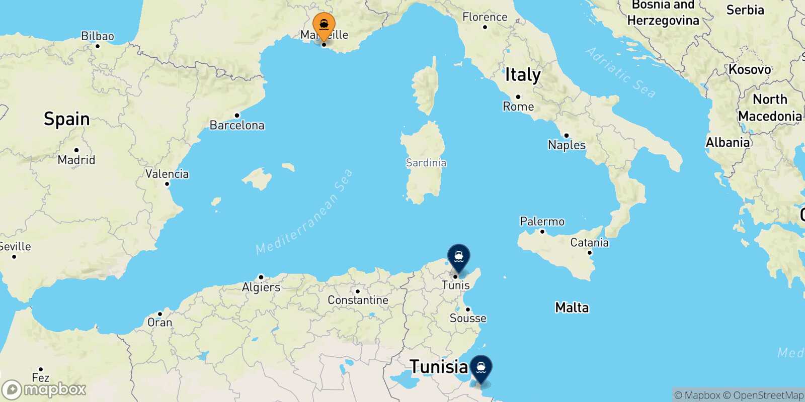 Mapa de los destinos alcanzables de Marsella
