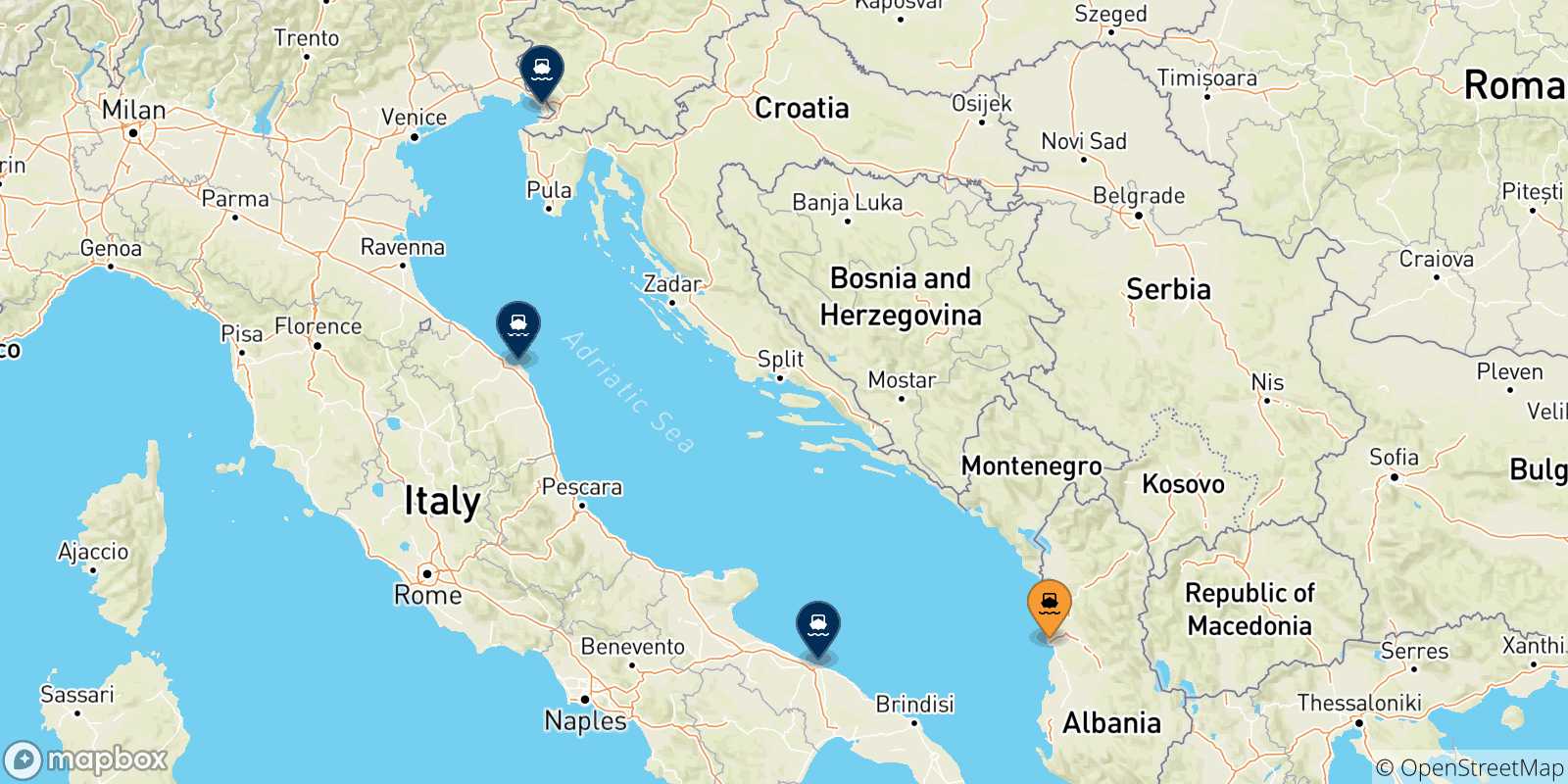 Mapa de las posibles rutas entre Durres y  Italia