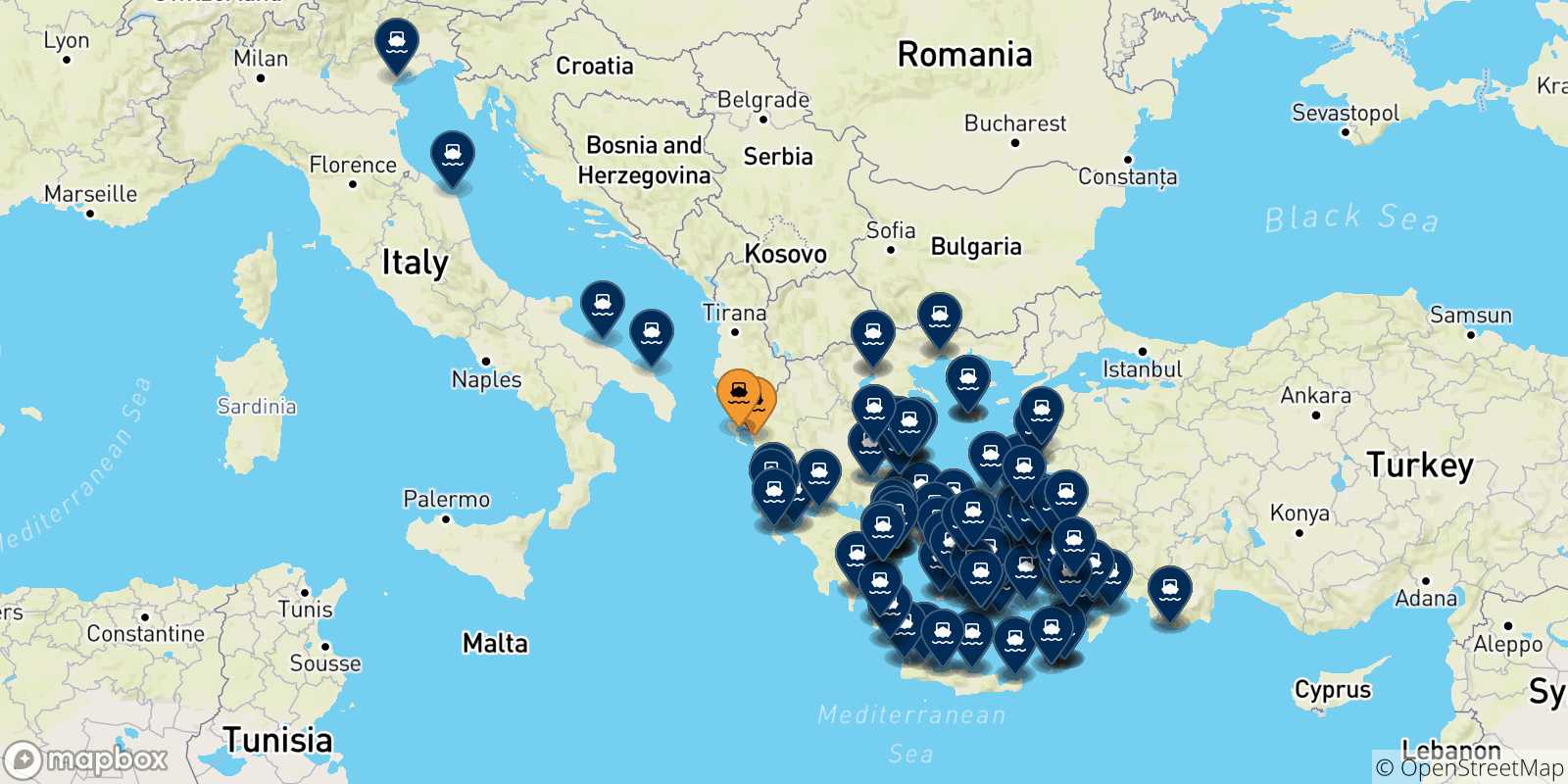 Mapa de los destinos alcanzables de Grecia