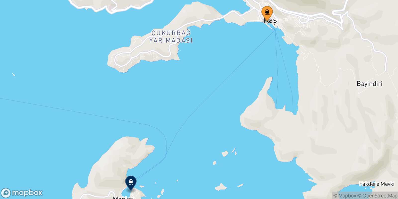 Mapa de los puertos conectados con  Kastelorizo