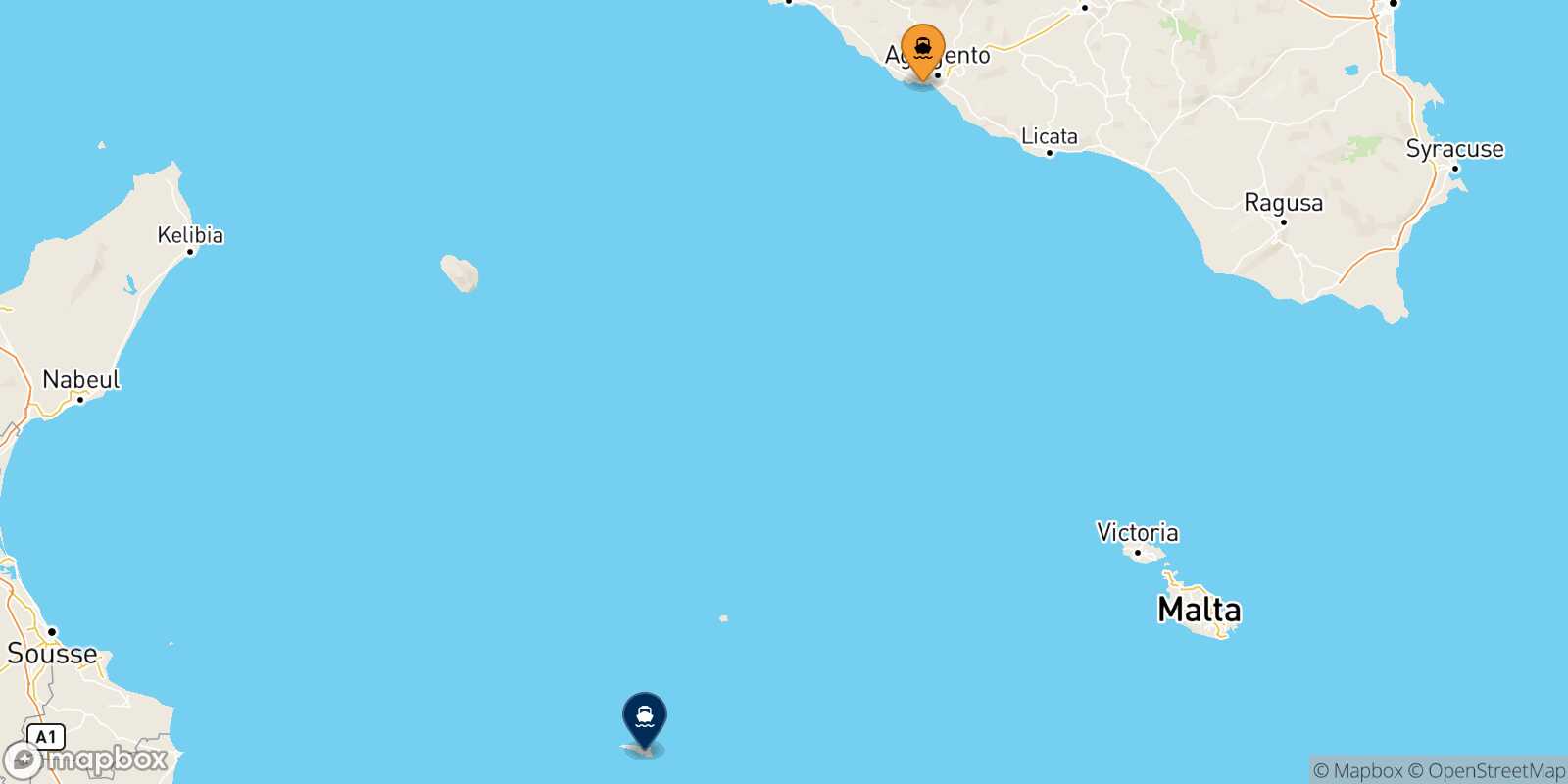 Mapa de los puertos conectados con  Lampedusa