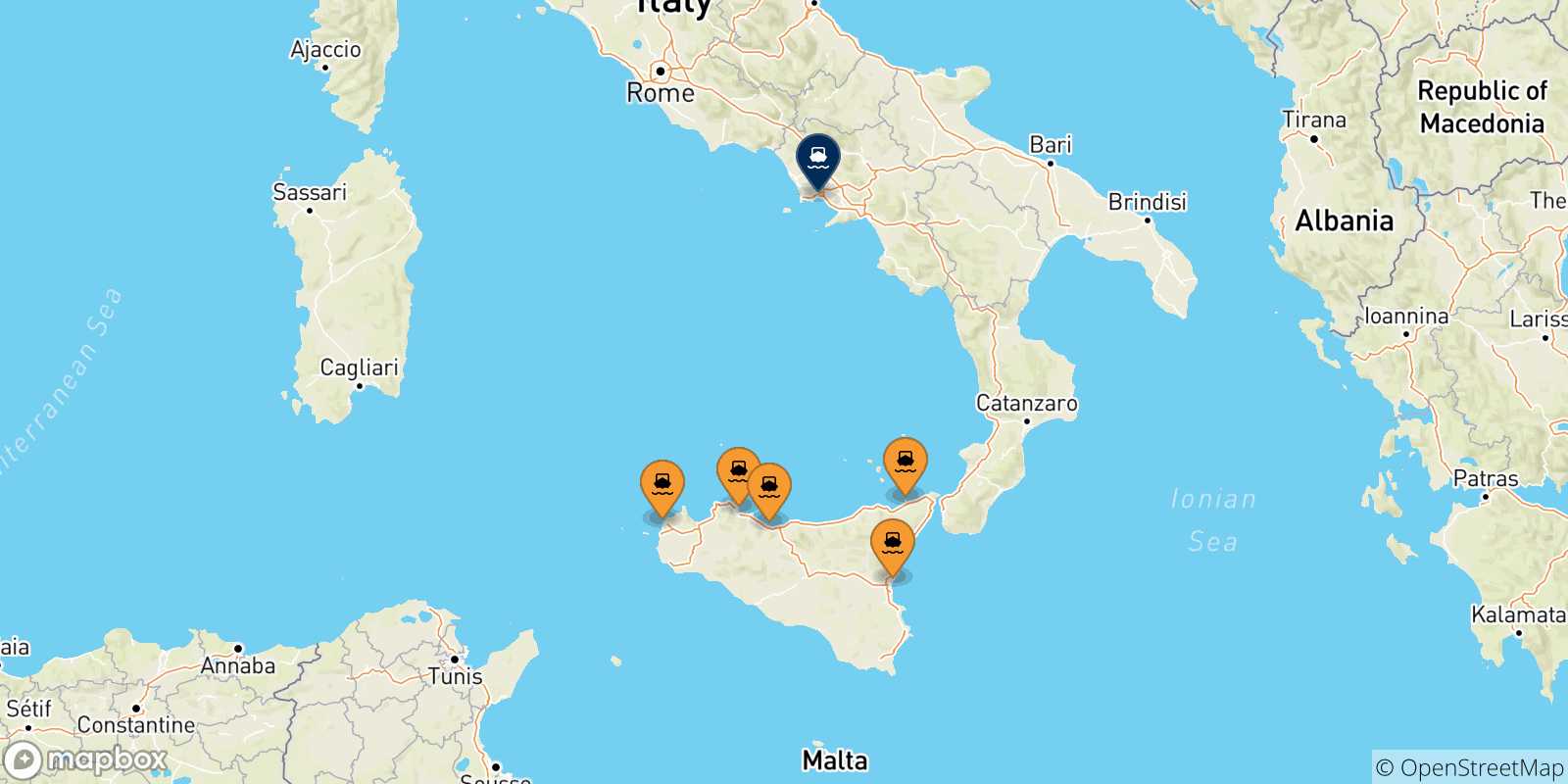 Mapa de las posibles rutas entre Sicilia y  Nápoles