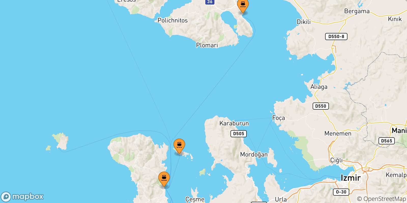 Mapa de las posibles rutas entre Islas Del Egeo y  Psara