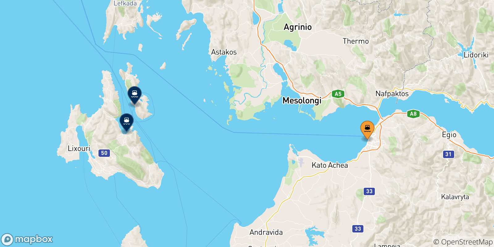 Mapa de las posibles rutas entre Patras y  Islas Jonicas