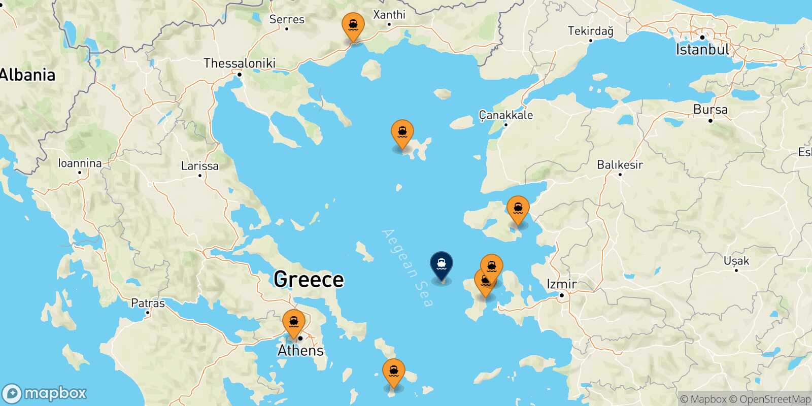 Mapa de los puertos conectados con  Psara