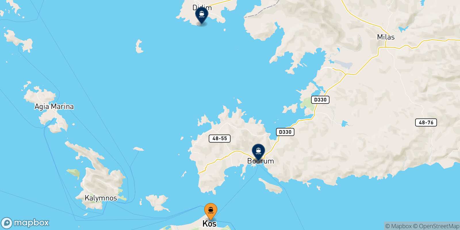 Mapa de los destinos alcanzables de Kos