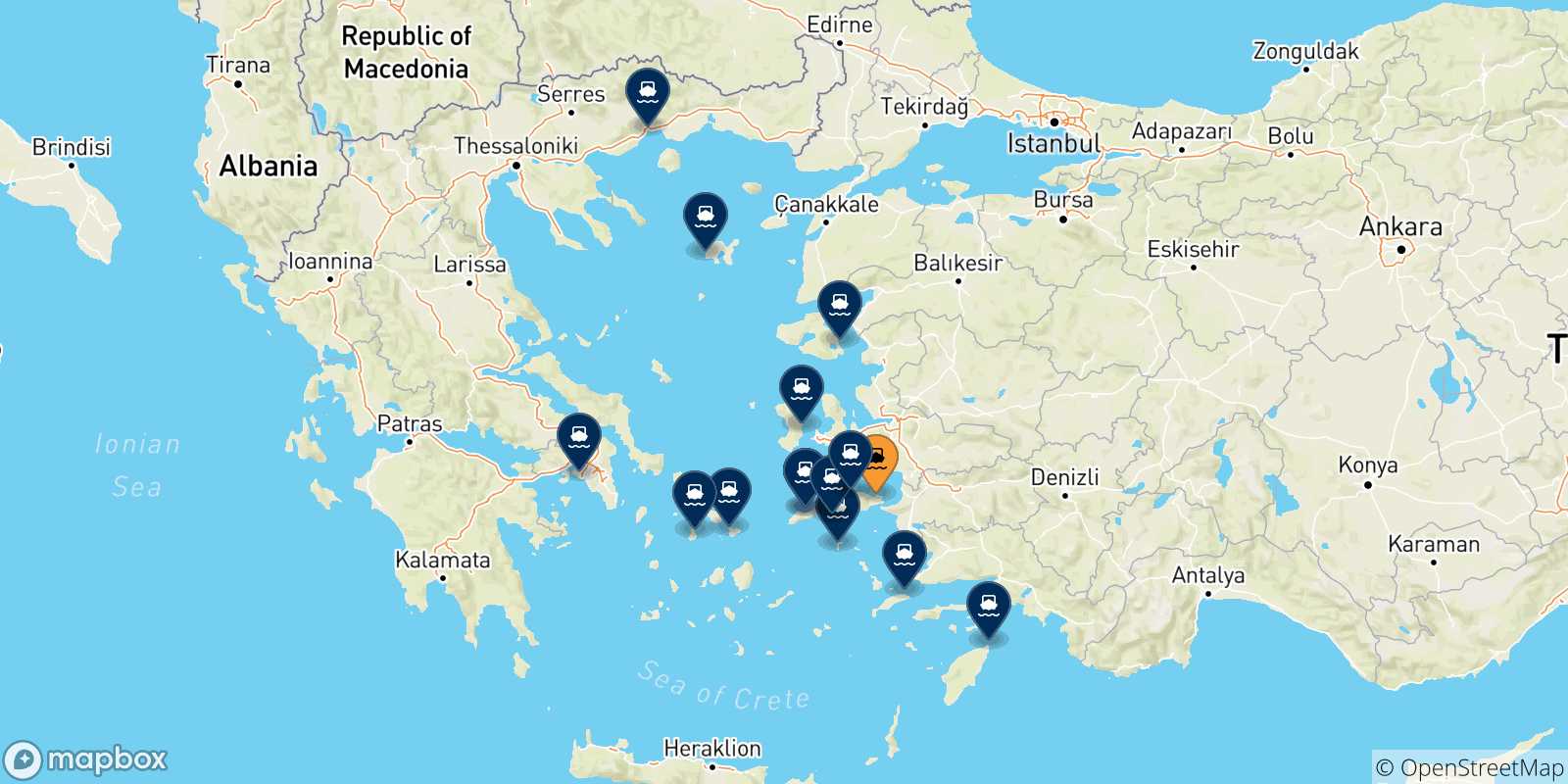 Mapa de las posibles rutas entre Vathi (Samos) y  Grecia
