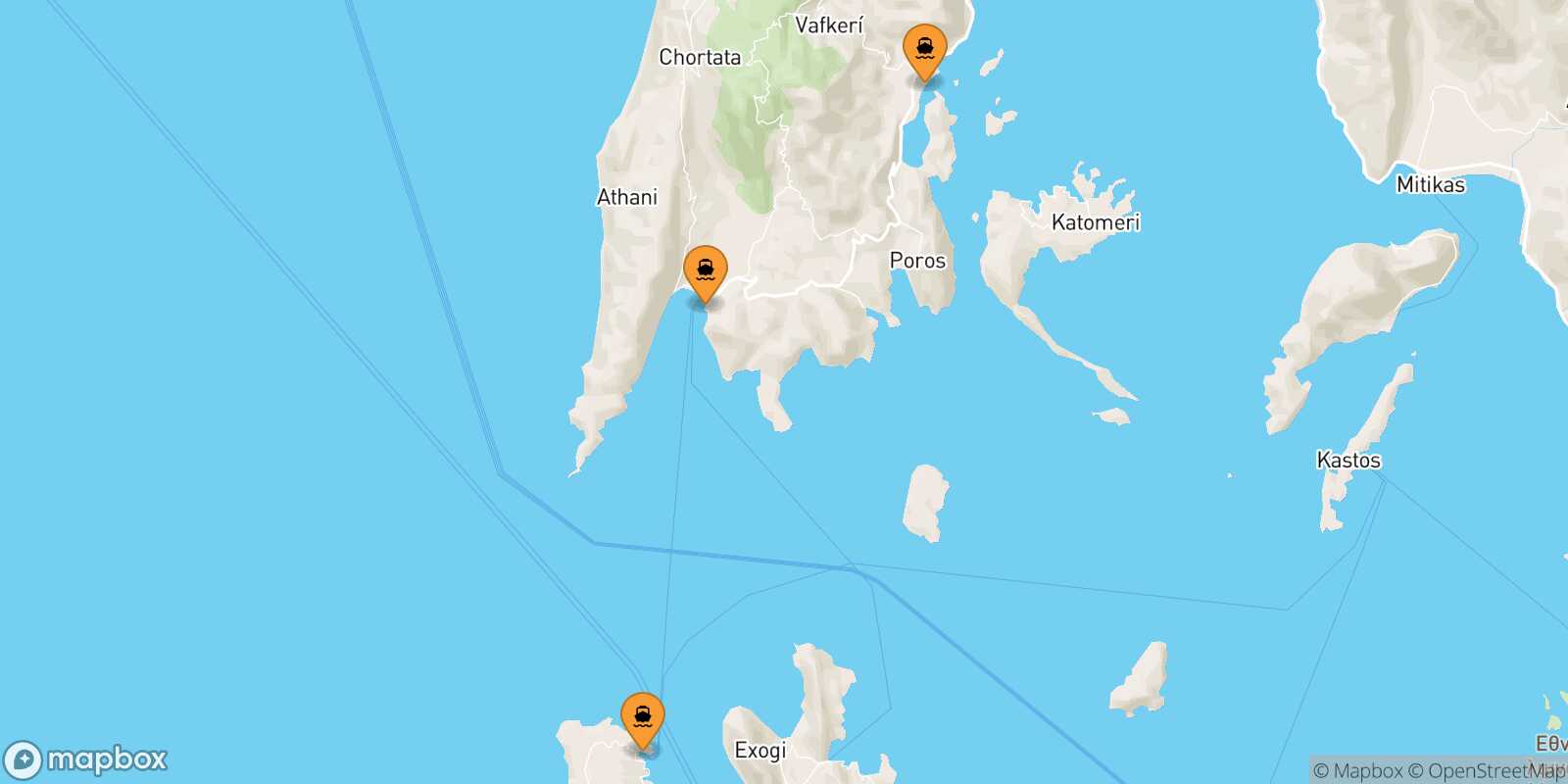 Mapa de los puertos conectados con  Frikes (Itaca)