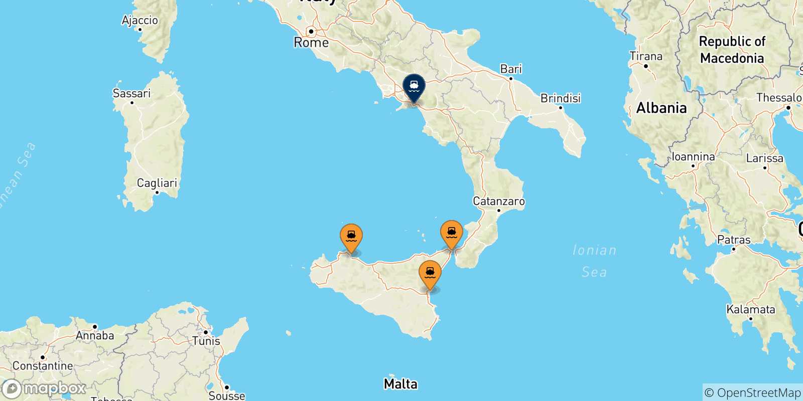 Mapa de las posibles rutas entre Italia y  Salerno