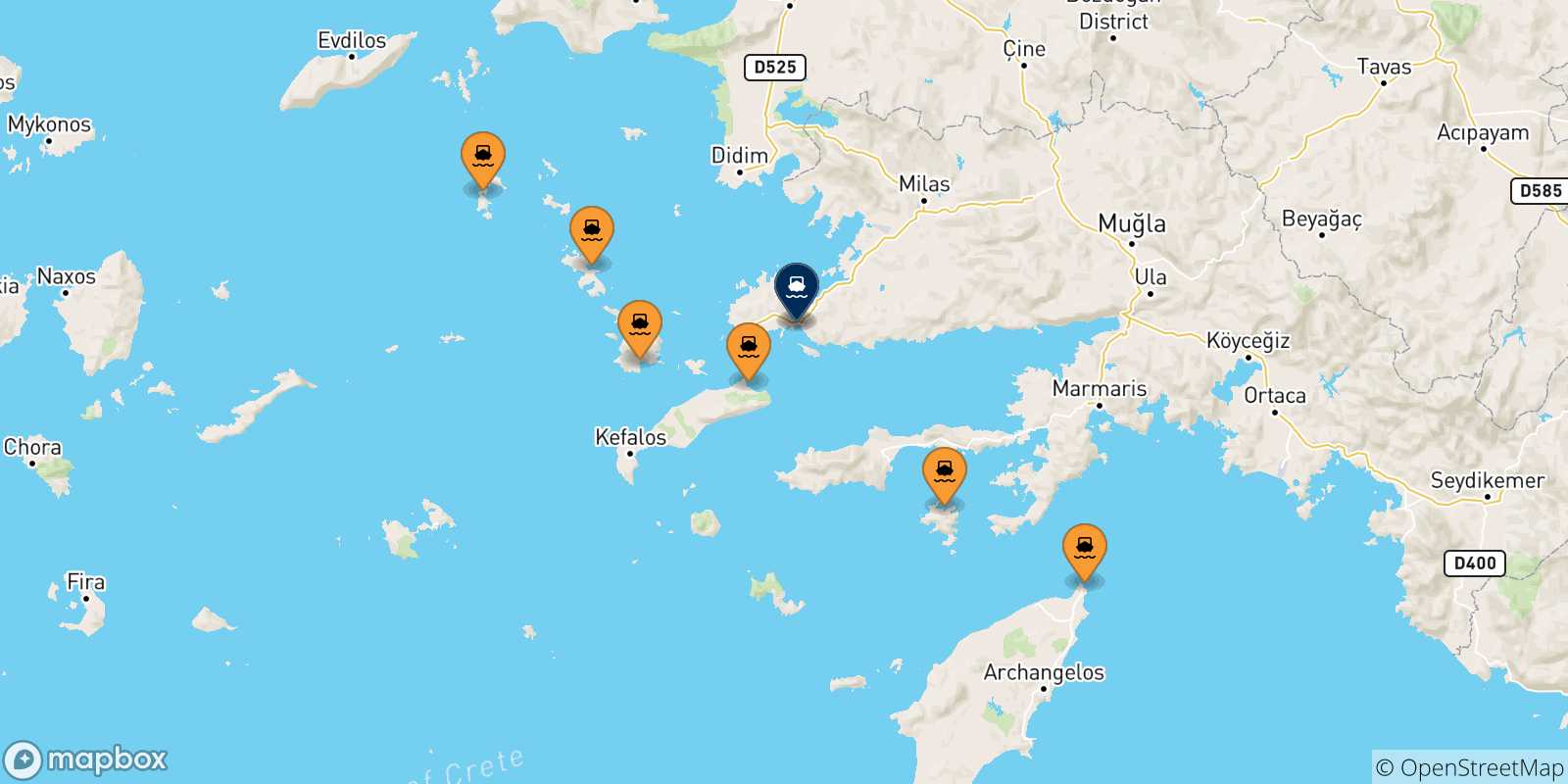 Mapa de las posibles rutas entre Dodecaneso y  Turquía