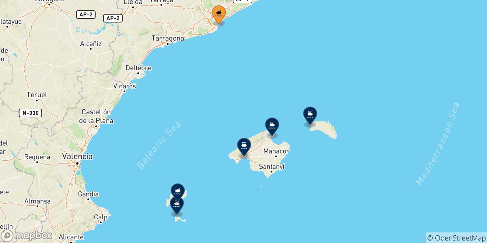 Mapa de las posibles rutas entre Barcelona y  Islas Baleares