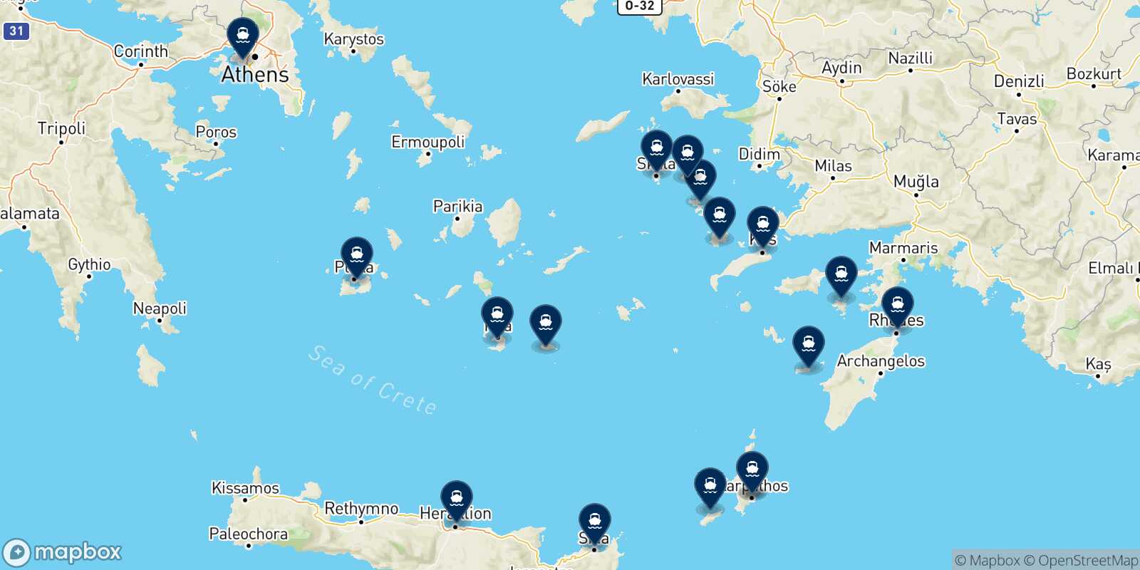 Mapa de los destinos alcanzables de Karpathos