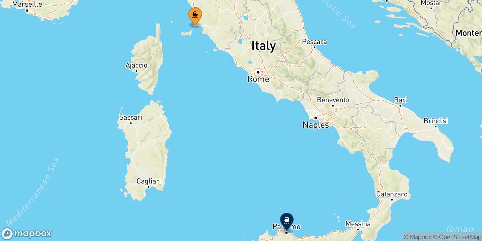 Mapa de los destinos alcanzables de Piombino