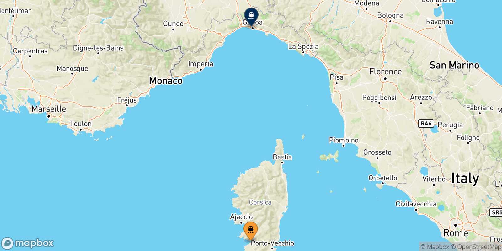Mapa de la ruta Ajaccio Genova