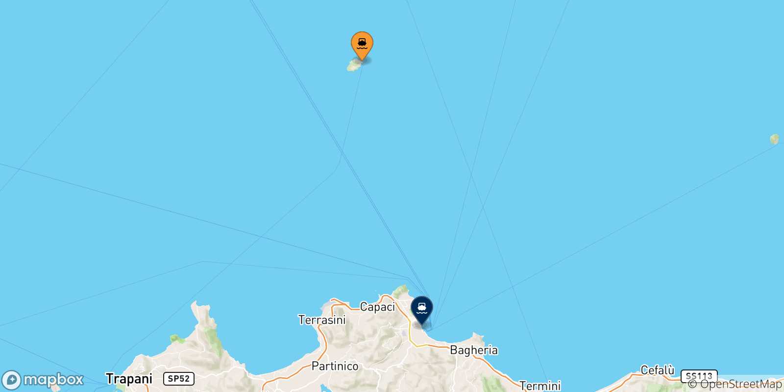 Mapa de las posibles rutas entre La Isla De Ustica y  Sicilia