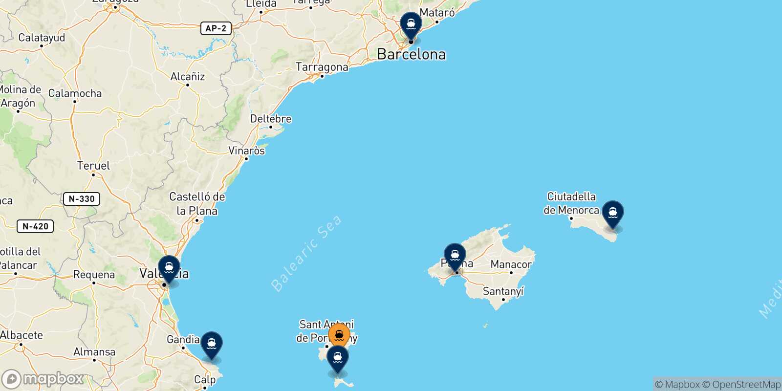Mapa de los destinos alcanzables de Ibiza