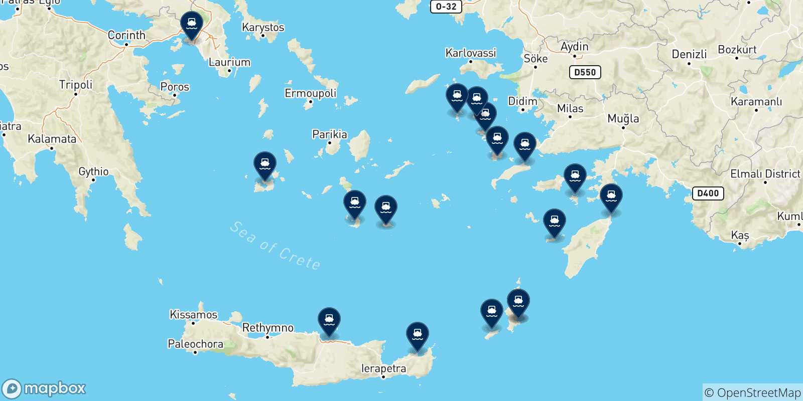 Mapa de las posibles rutas entre Karpathos y  Grecia