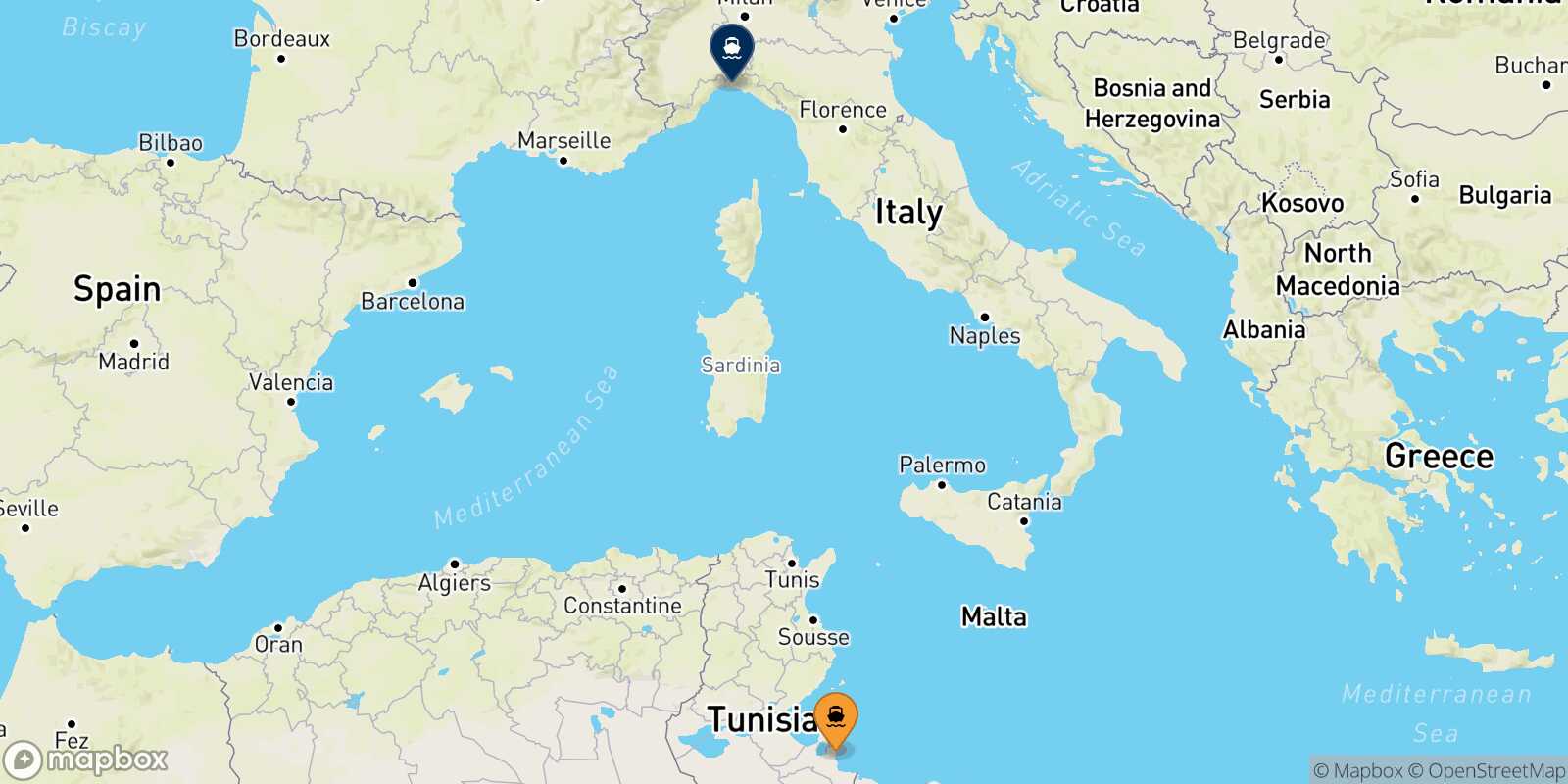Mapa de la ruta Zarzis Genova
