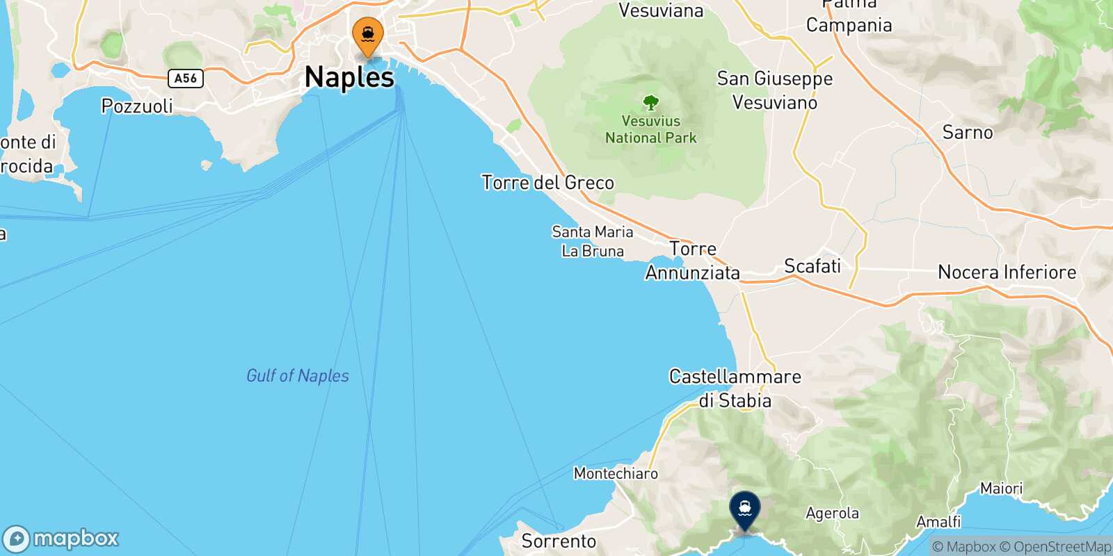Mapa de la ruta Nápoles Beverello Positano