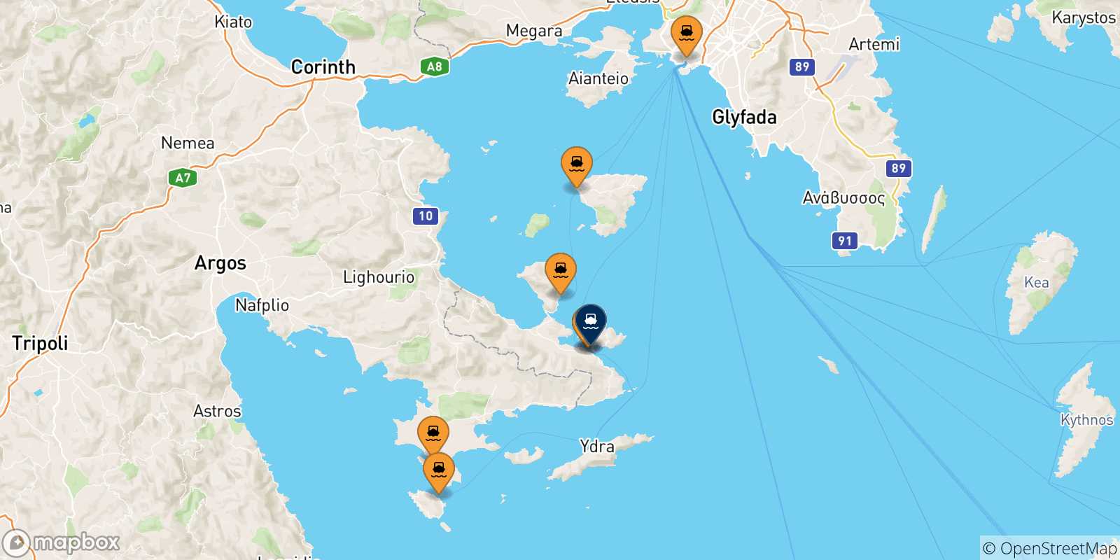 Mapa de las posibles rutas entre Grecia y  Poros