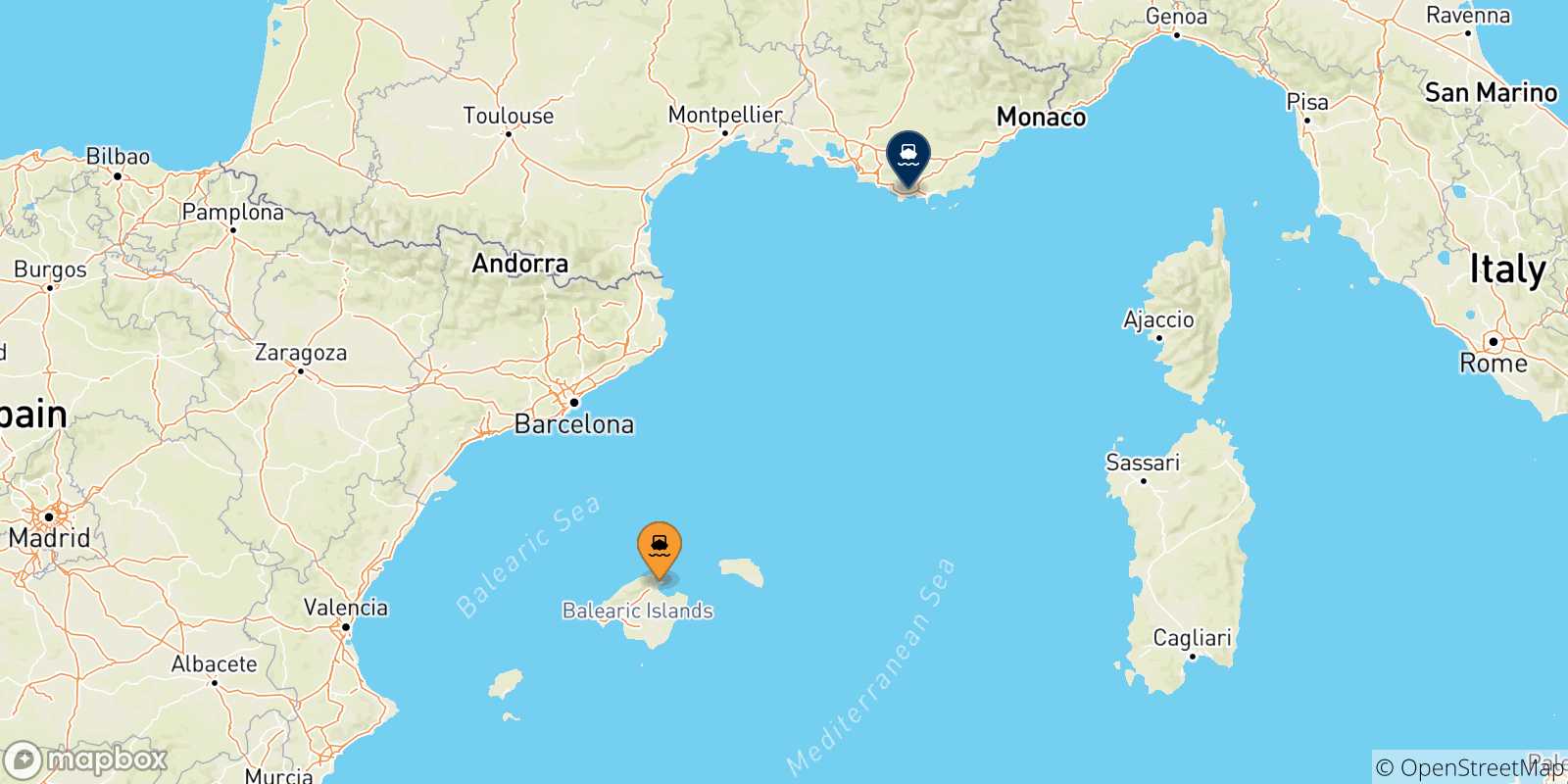 Mapa de las posibles rutas entre Islas Baleares y  Francia