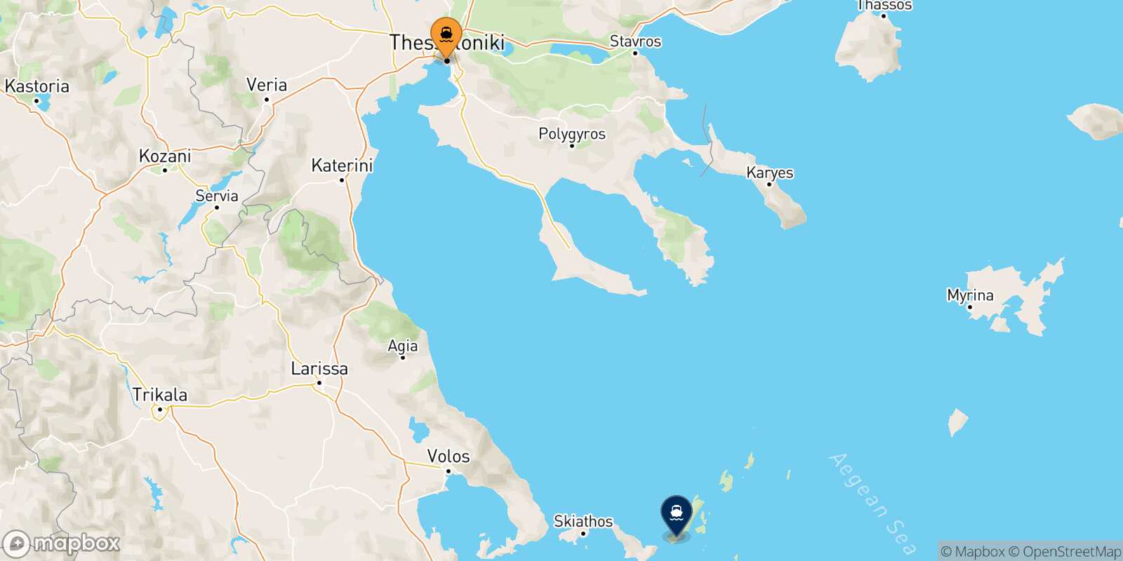 Mapa de la ruta Salónica Alonissos