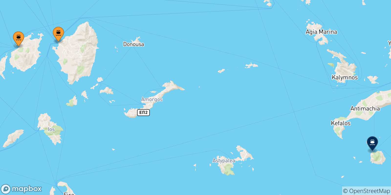 Mapa de las posibles rutas entre Las Cicladas y  Nisyros