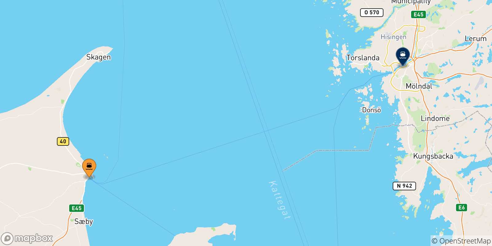 Mapa de las posibles rutas entre Frederikshavn y  Suecia