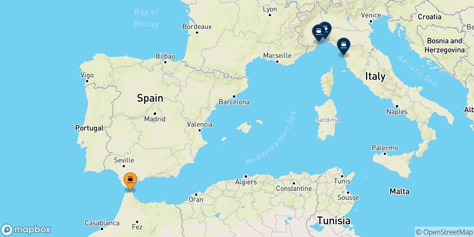 Mapa de las posibles rutas entre Tánger Med y  Italia