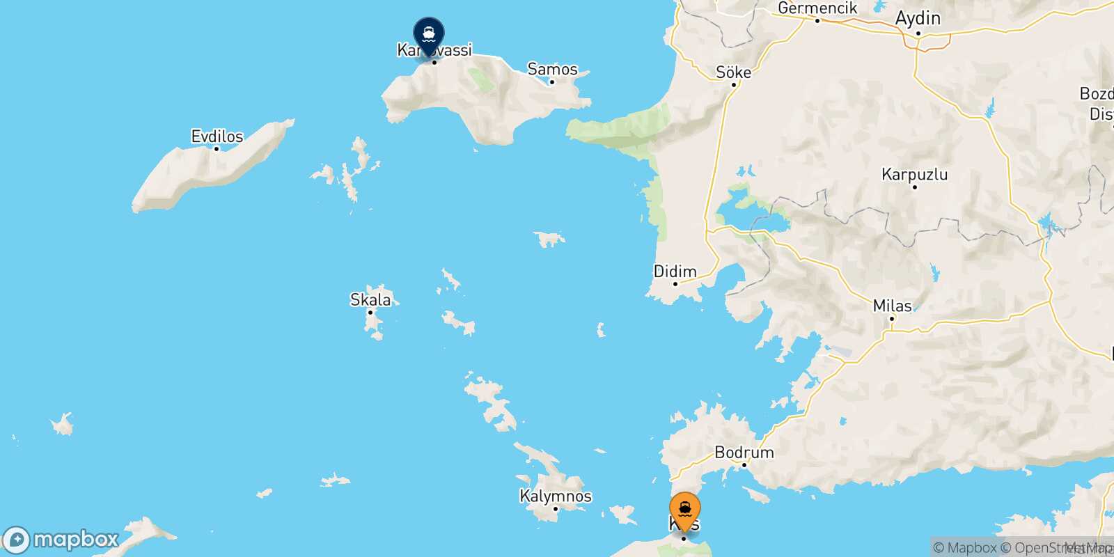 Mapa de la ruta Kos Pythagorio (Samos)