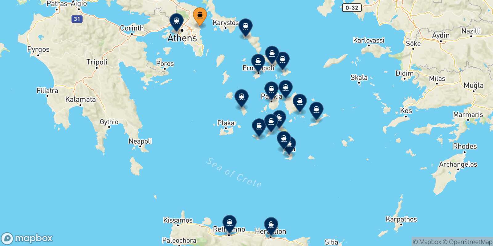 Mapa de los destinos alcanzables de Rafina
