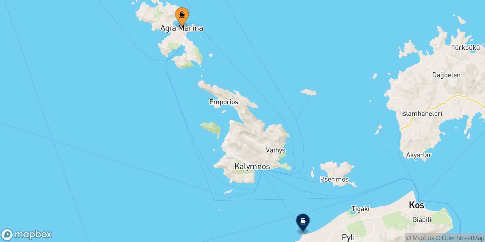 Mapa de la ruta Agia Marina (Leros) Mastihari (Kos)