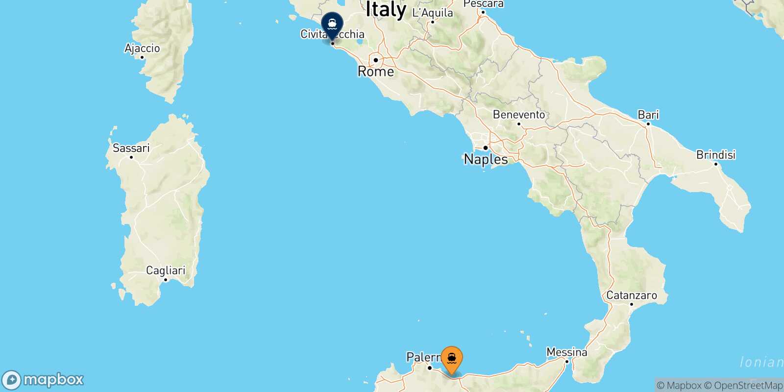 Mapa de la ruta Termini Imerese Civitavecchia