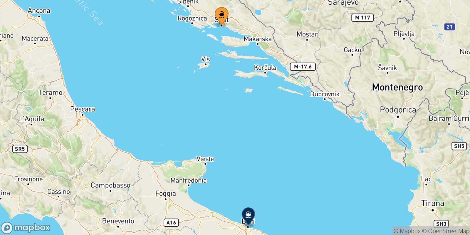 Mapa de la ruta Split Bari