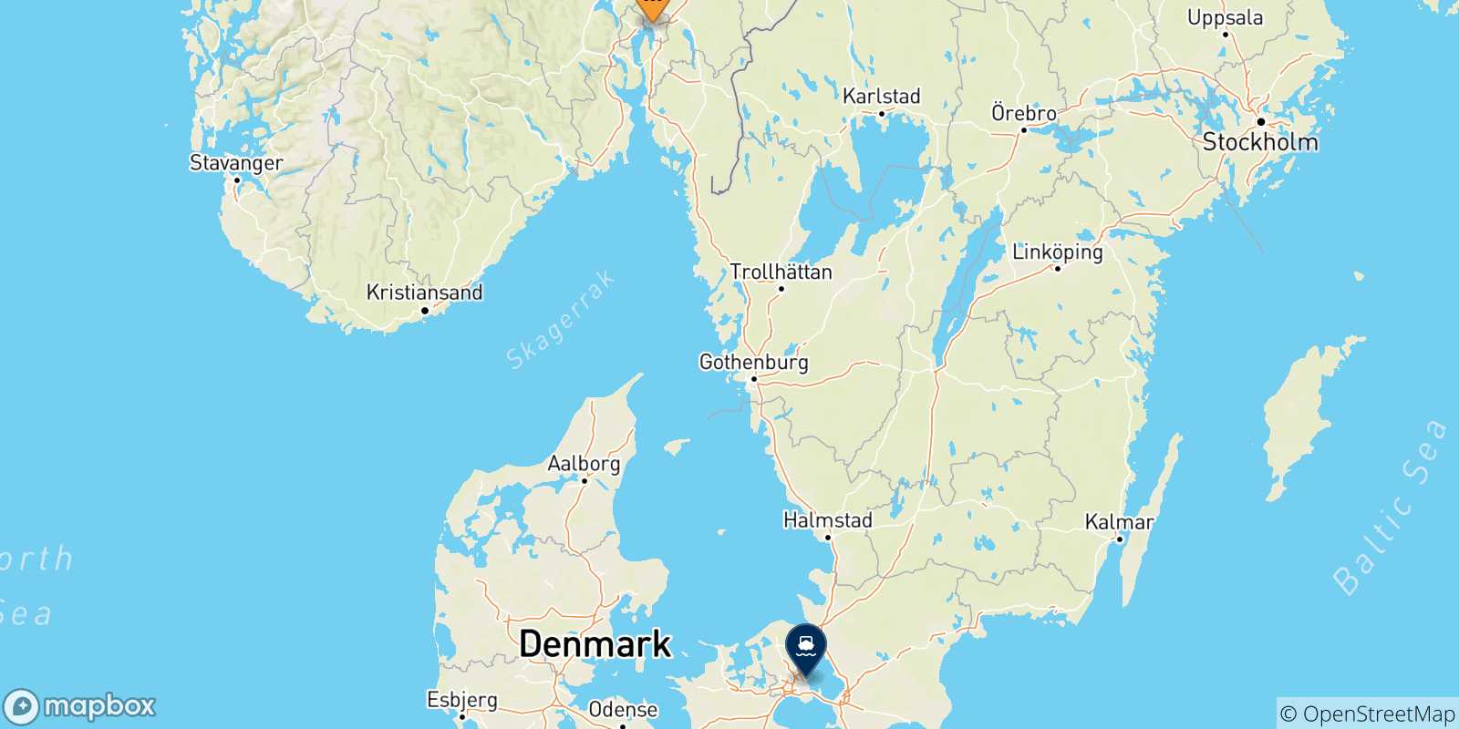 Mapa de los puertos conectados con  Dinamarca